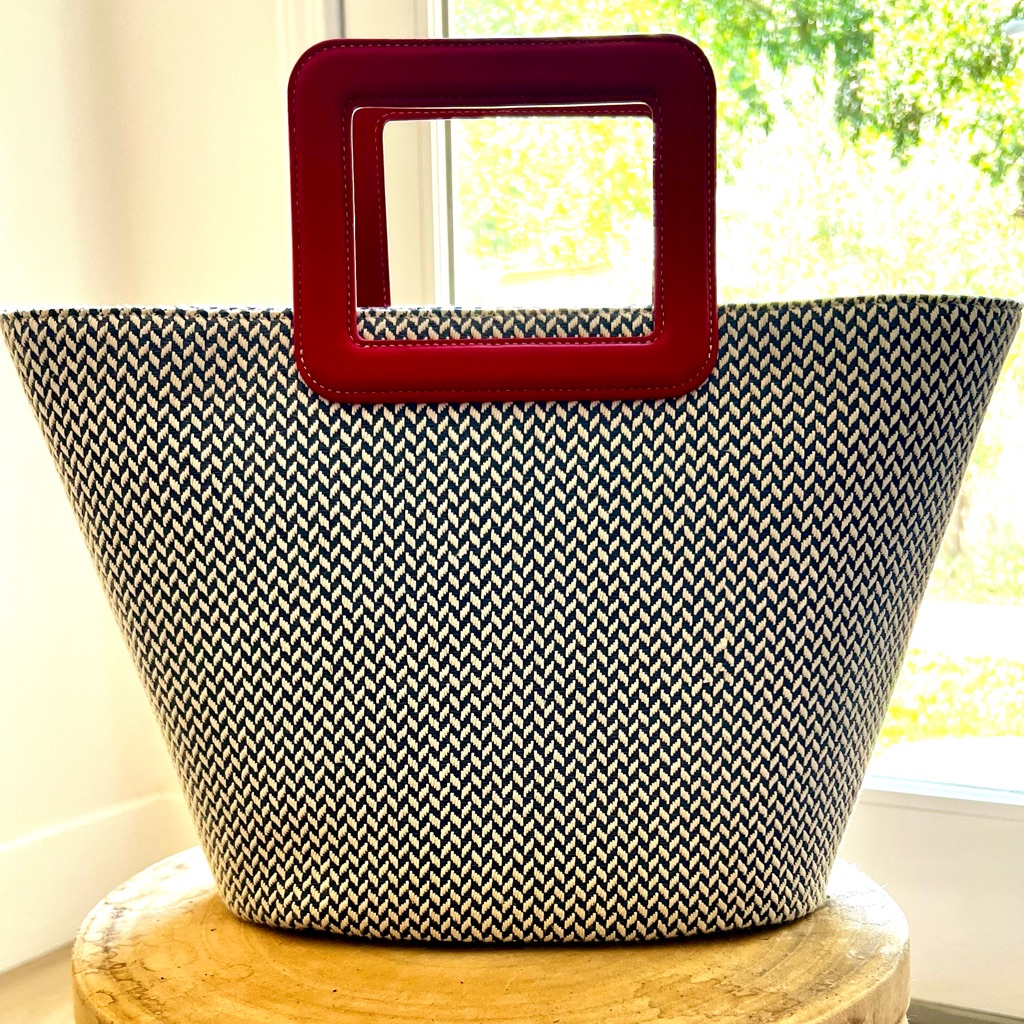 J Mclaughlin Woven Tote Bag With Red Square Handles